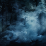 A blue smoky forest, created by MidJourney. This was an idea I got off of another MidJourney user, who used a similar prompt, but for houses.