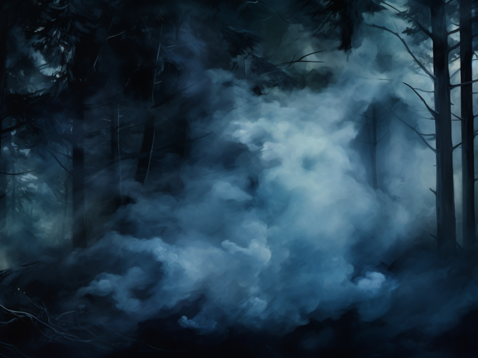 A blue smoky forest, created by MidJourney. This was an idea I got off of another MidJourney user, who used a similar prompt, but for houses.