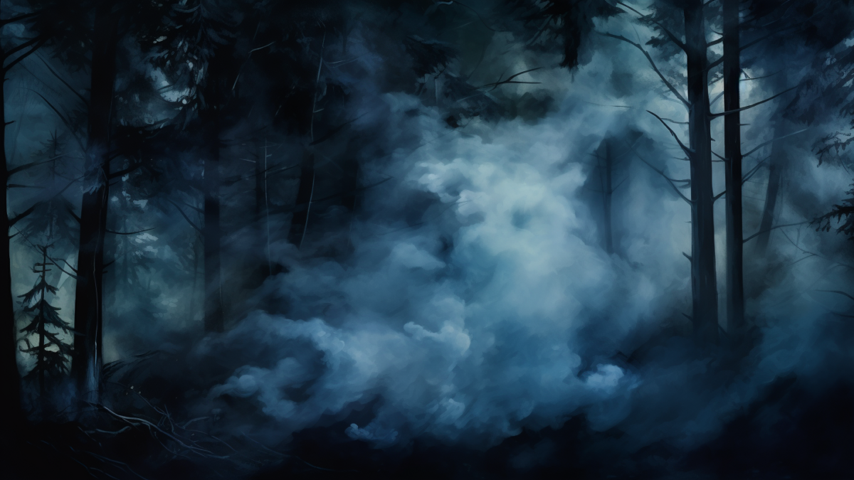 A blue smoky forest, created by MidJourney. This was an idea I got off of another MidJourney user, who used a similar prompt, but for houses.